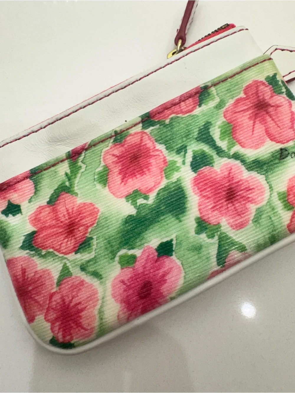 Dooney & Bourke Pink Floral Zip Card Pouch with White Trim